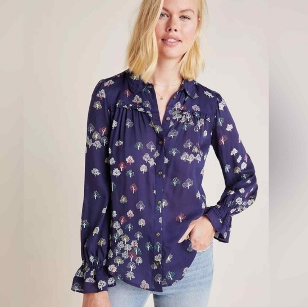 Anthropologie Maeve Navy Blue Fredericka Button down Blouse Tree Print